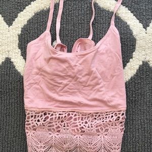 Pink lace tie back crop top