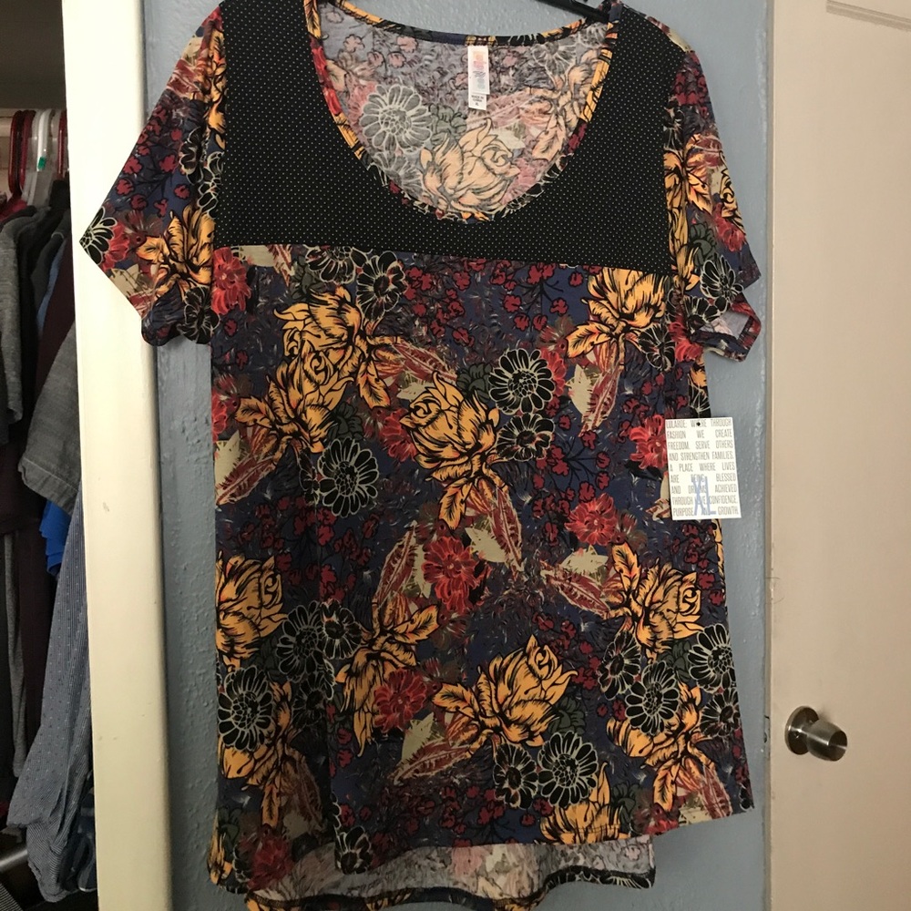 Lularoe XL Perfect Tee Black Floral Polka NWT