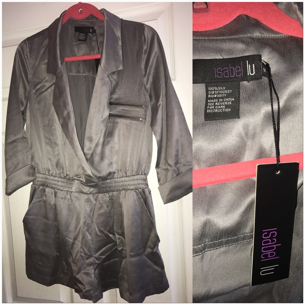 Isabel Lu silk silver plunge neck romper - M - Picture 2 of 4