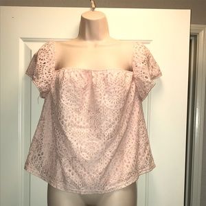 Blush pink eyelet lace strapless top.
