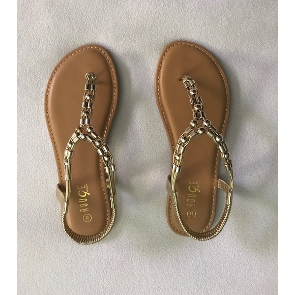 Rouge Shoes - NEVER USED, Metallic beaded trim t-strap sandals