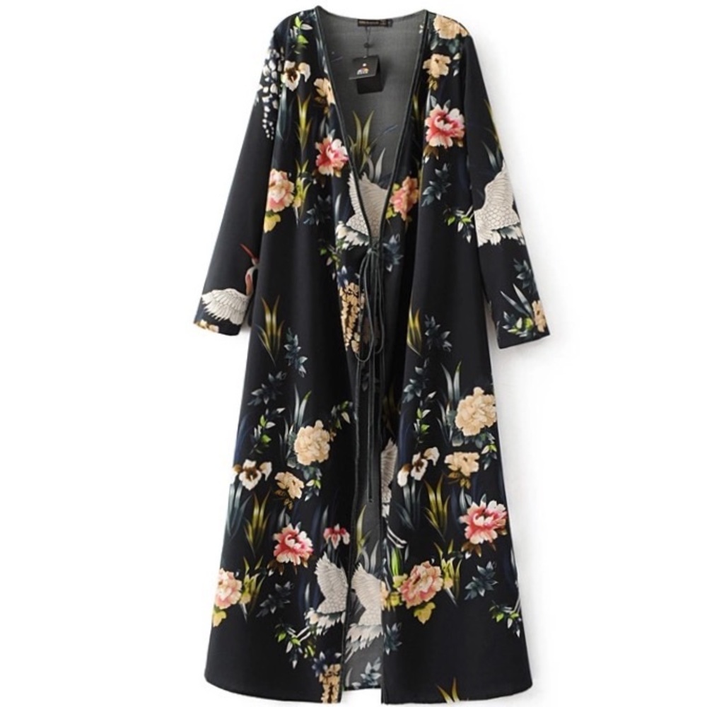 Women's Vintage flower/crane print maxi wrap dress