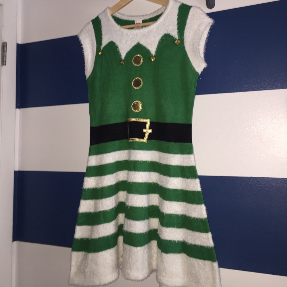 Green and white ELF dress with bells
