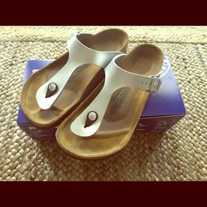 Size 37 Silver Gizeh Birkenstock, practically new