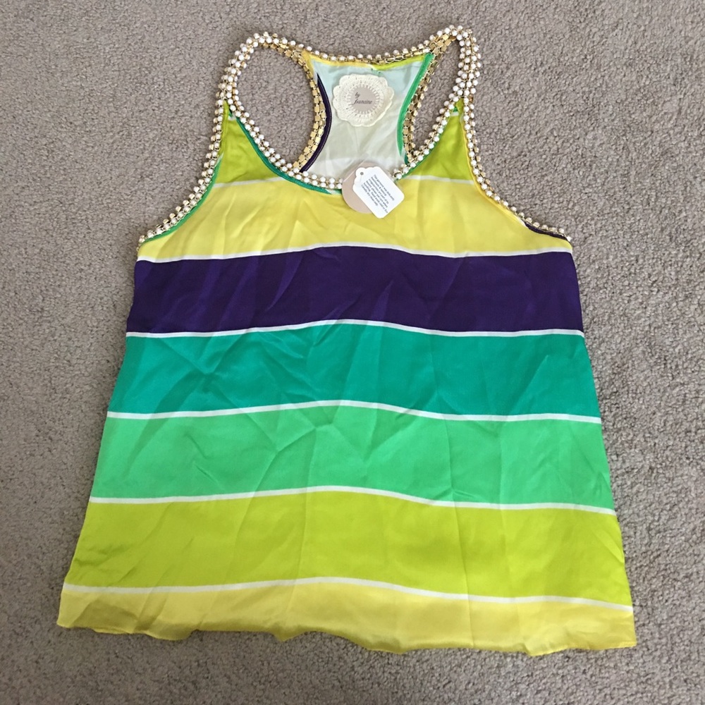 By Francine 100% silk striped razor back tank