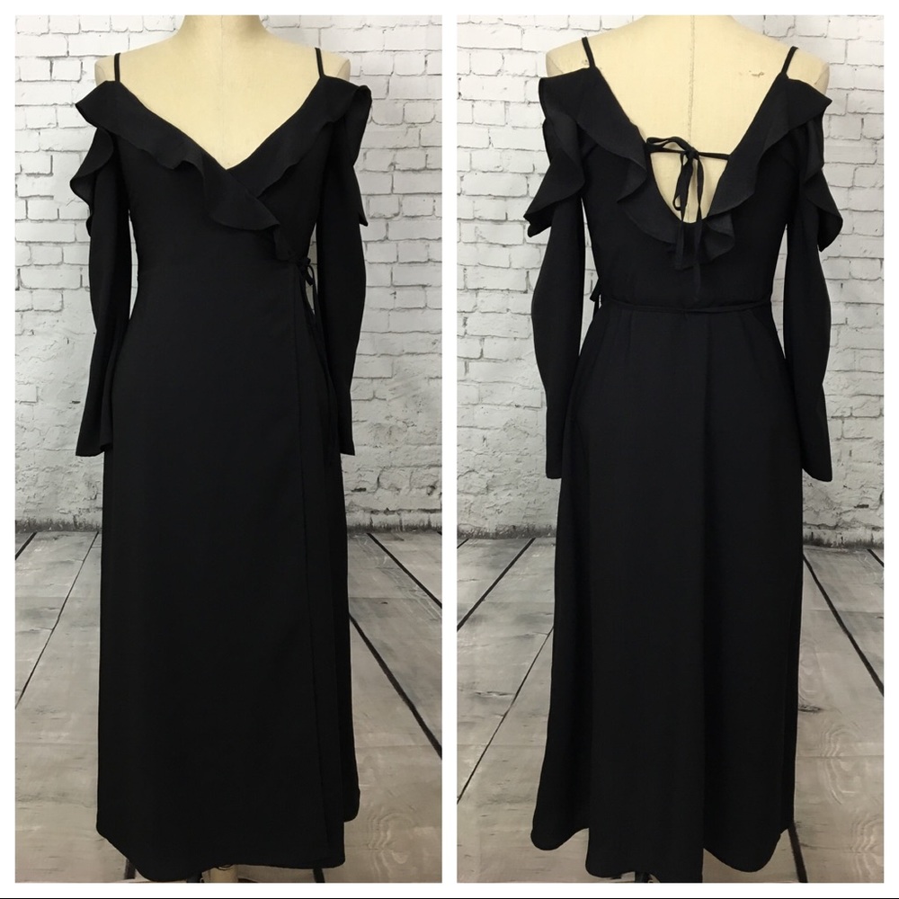 Topshop black cold shoulder long wrap dress