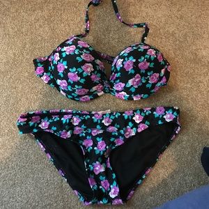 Purple, green & black halter bathing suit