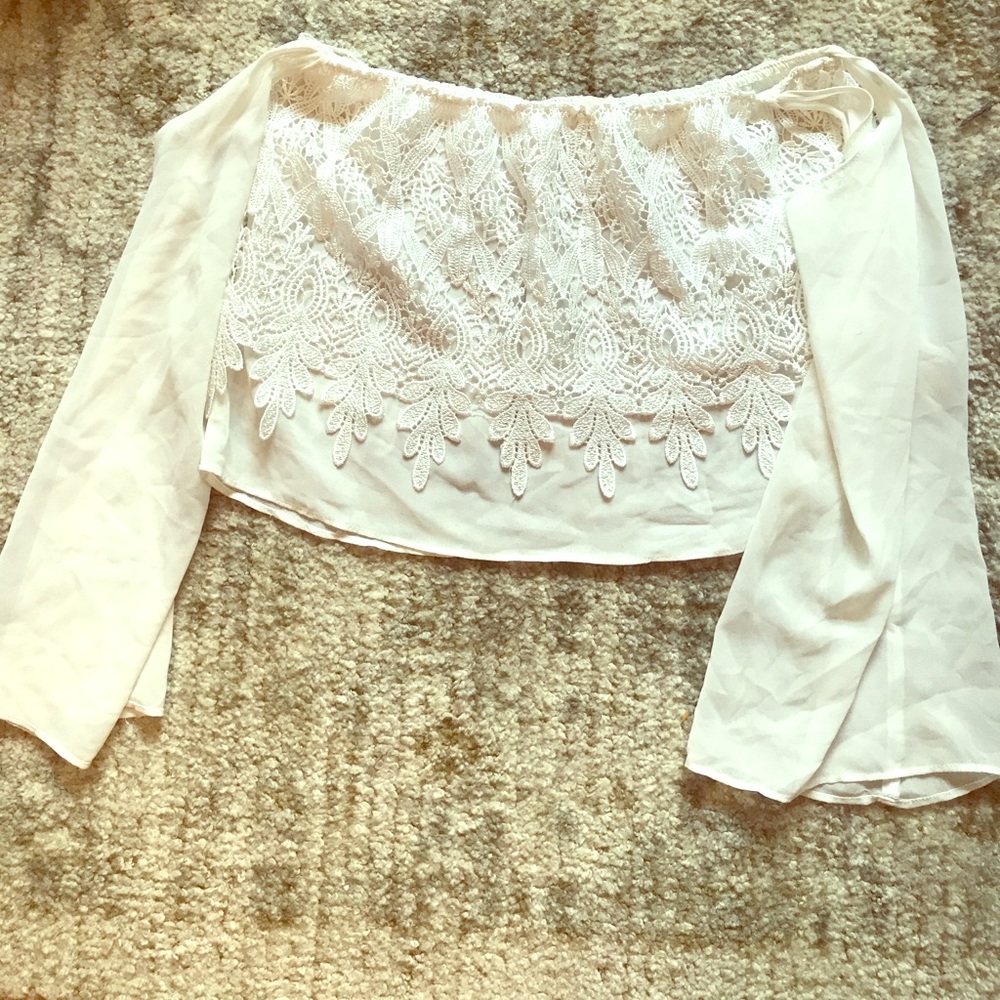 white off the shoulder long sleeve crop top