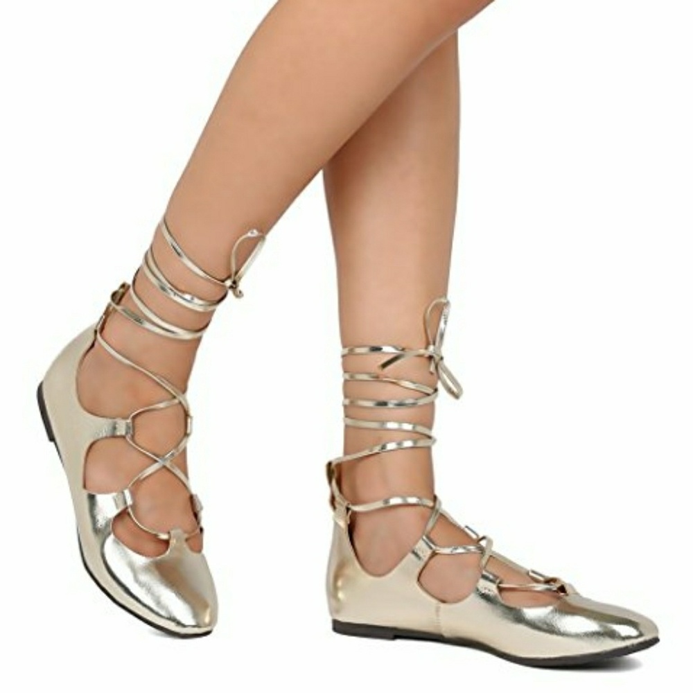 Gold Lace Up Ballet Flats