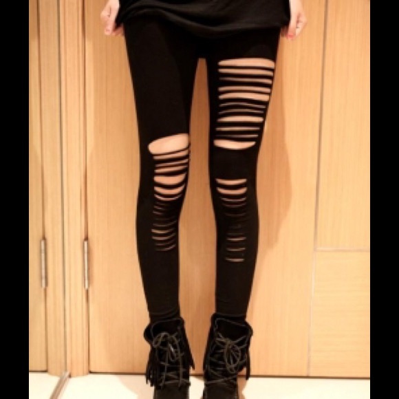 NEW Black Fantasy Ripped Damaged Gothic Leggings - Picture 1 of 4