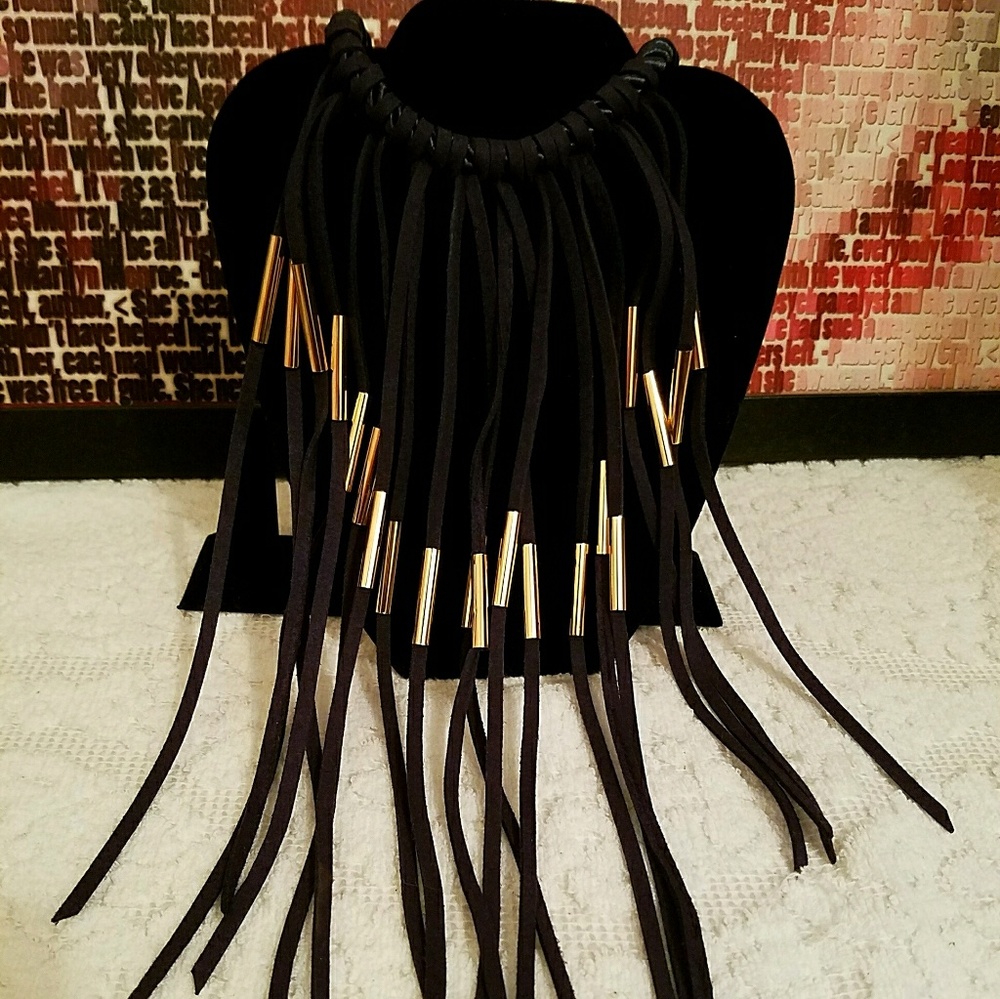 Navy suede fringe necklace