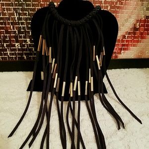 Navy suede fringe necklace