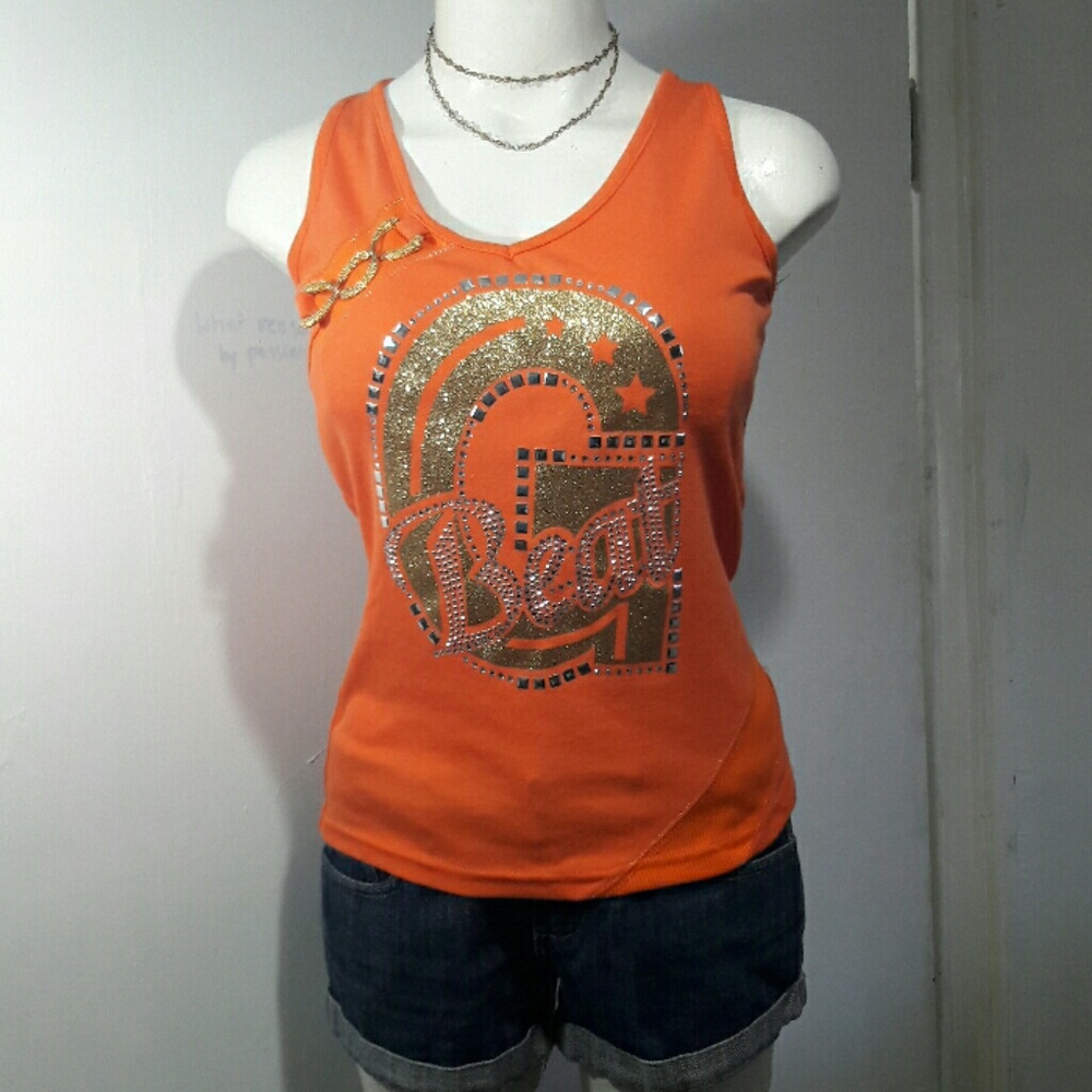 Orange cross back tank with glitter & rhinestones