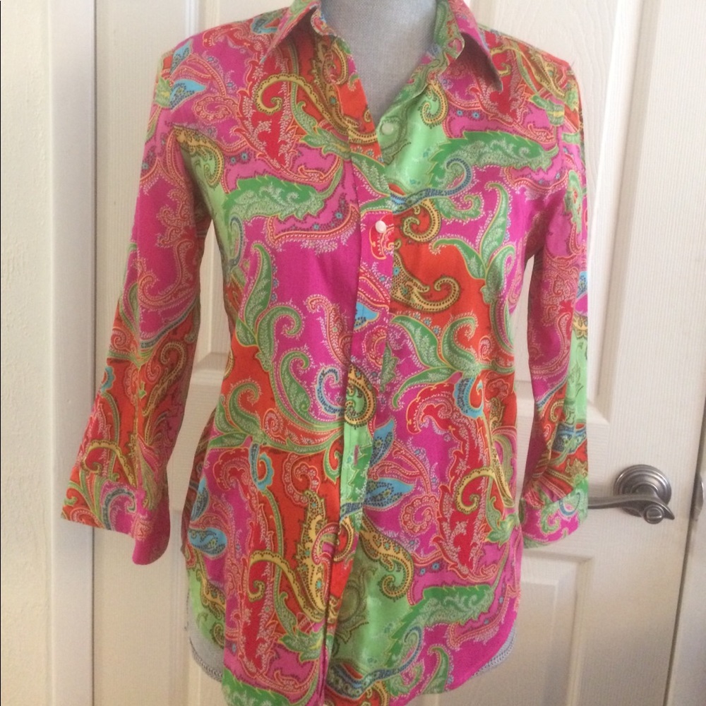 Lauren Ralph Lauren Pink Button Up Sleeve Blouse