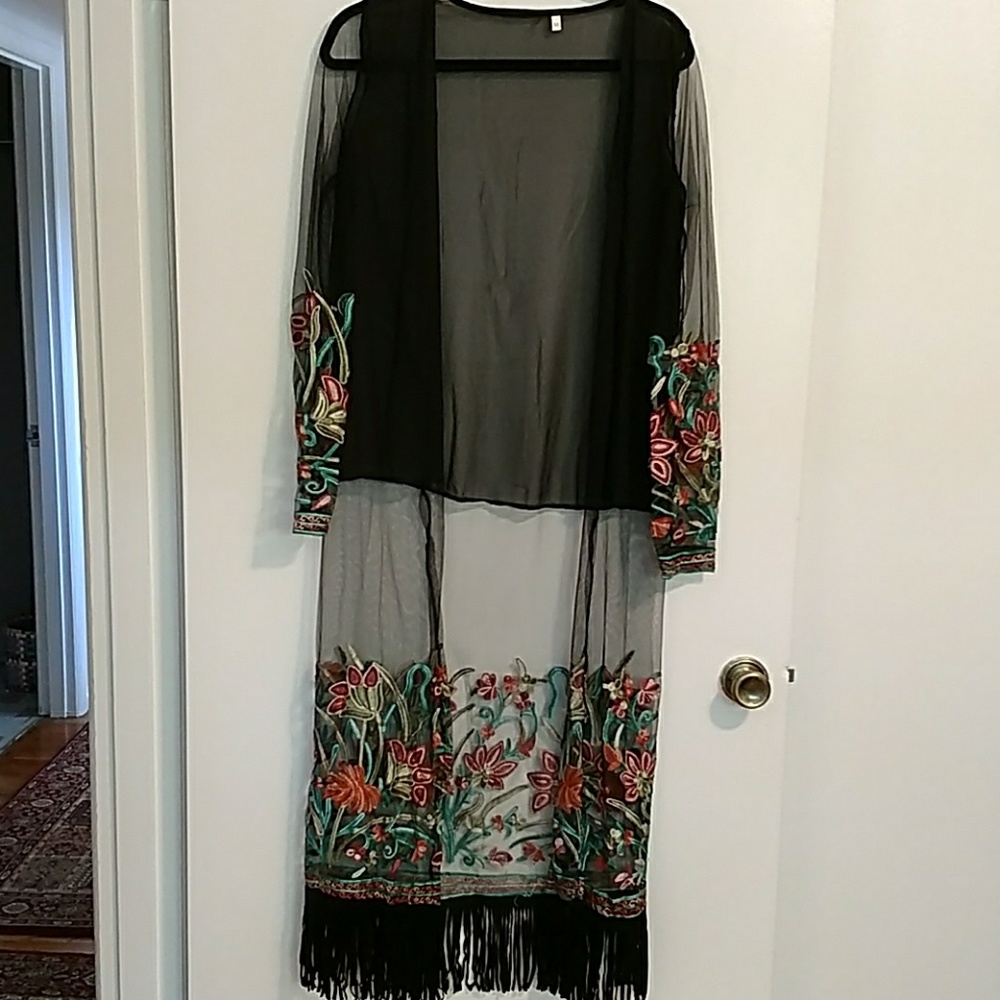 Kimono black sheer with embroidery and fringe