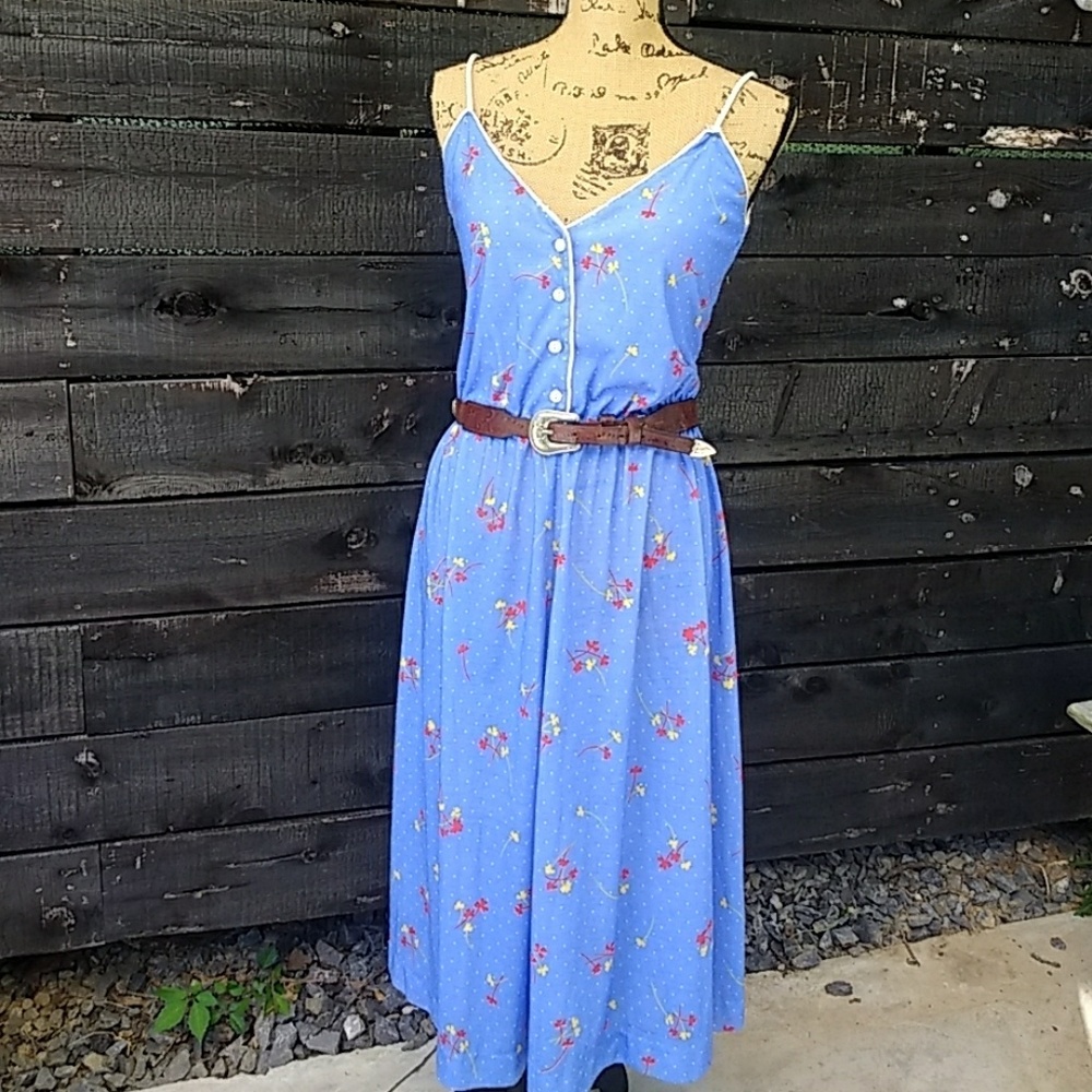 Vintage Blue Floral Midi Sun Dress