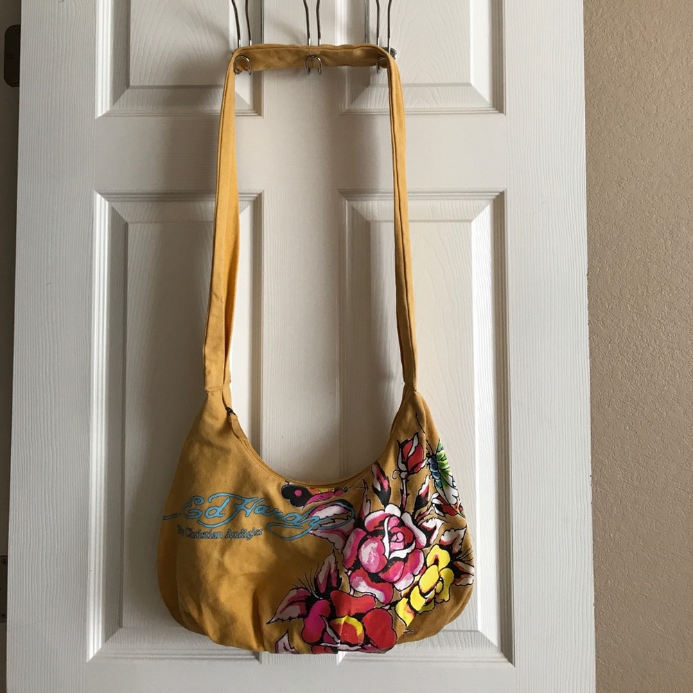 ED HARDY mustard tattoo canvas cross body bag