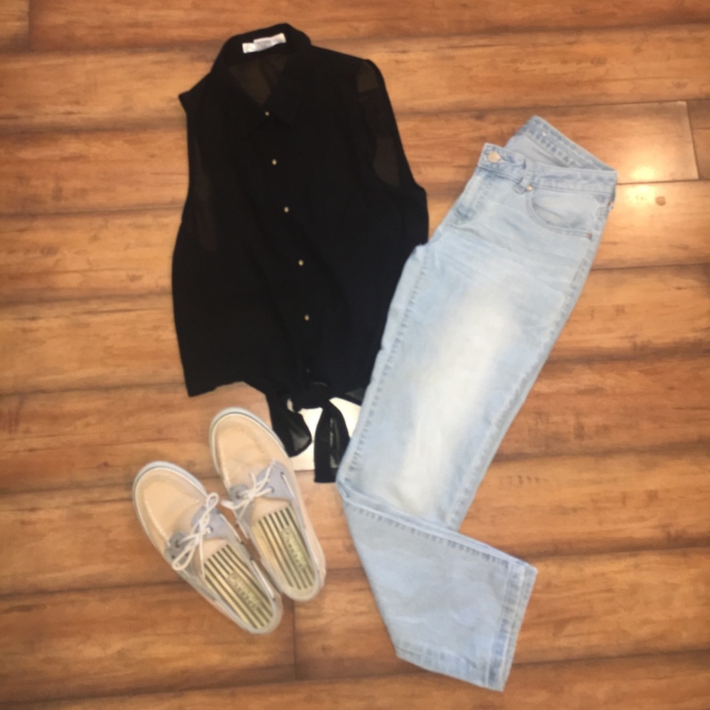 Black Sheer Button Up Sleeveless Top