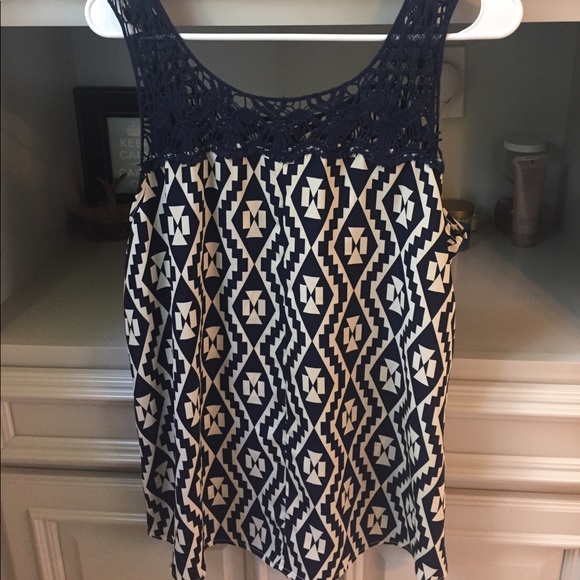 Navy patterned tank with crochet neckline - Picture 2 of 3