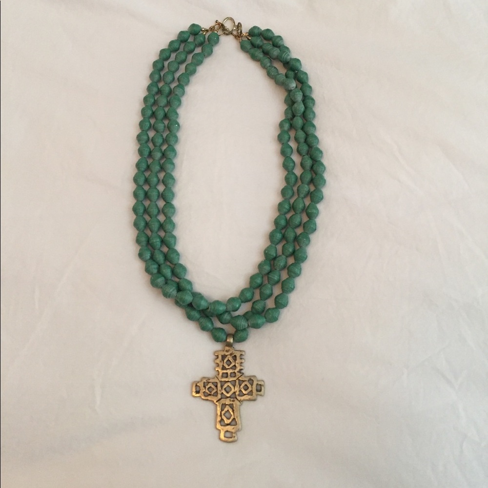 Beautiful green paper bead necklace with cross