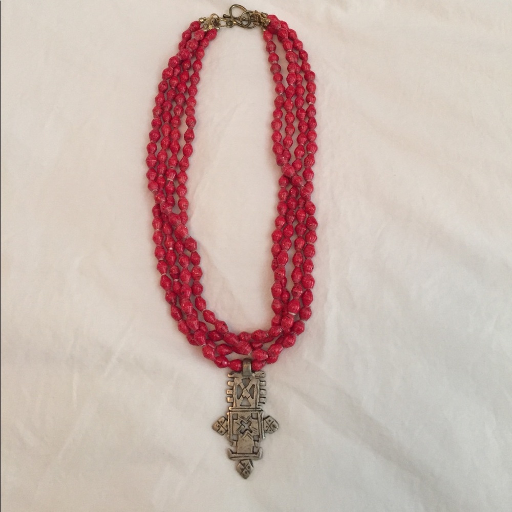 Beautiful red paper beaded cross necklace