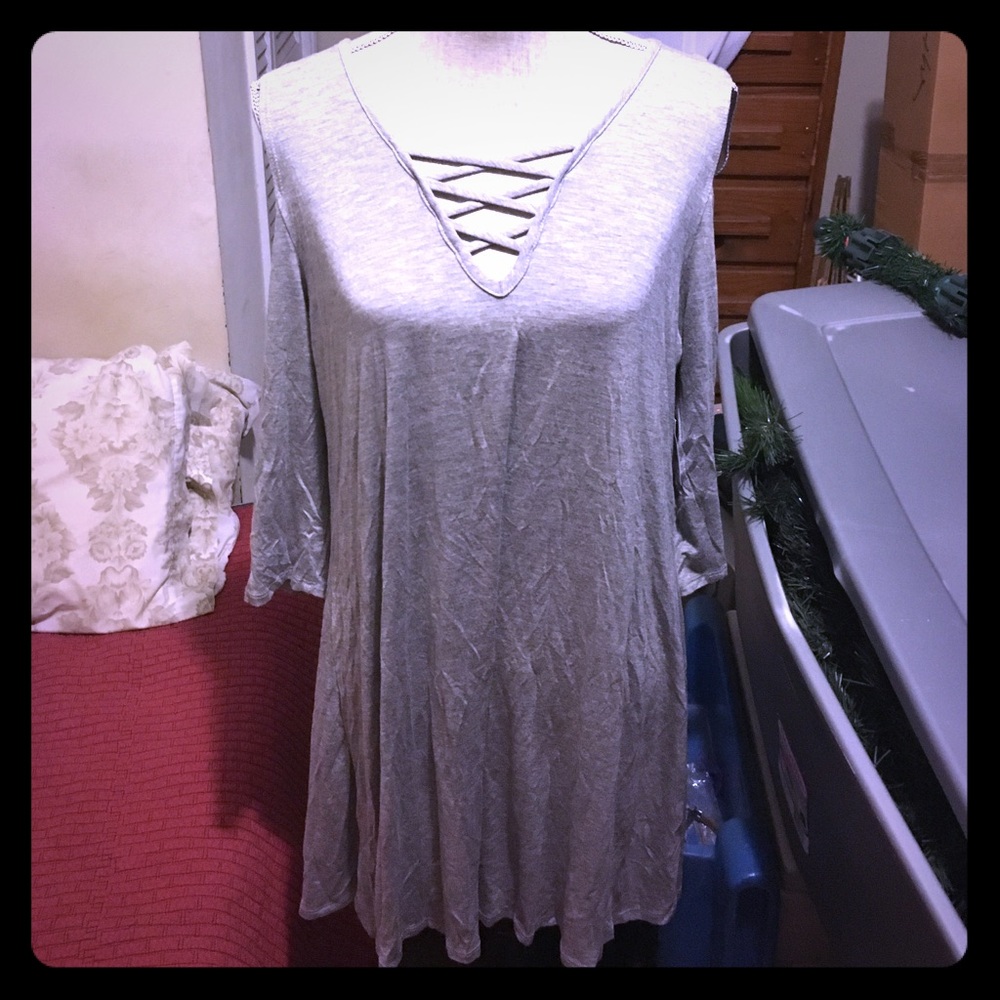 Gray Crisscross Cold Shoulder Dress