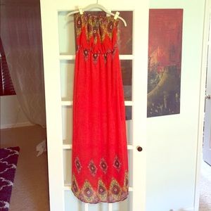 Red Strapless Maxi Dress with bold patterns