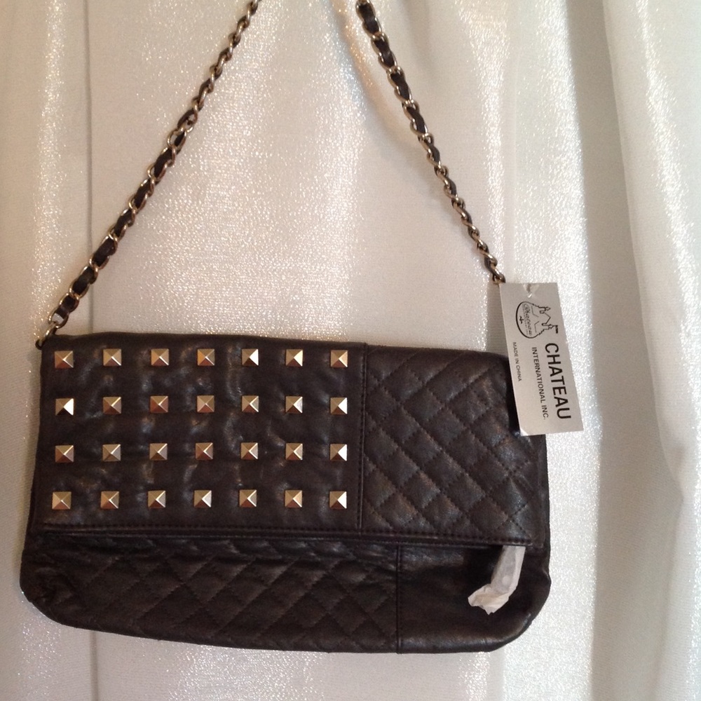 Grey studded quilted clutch