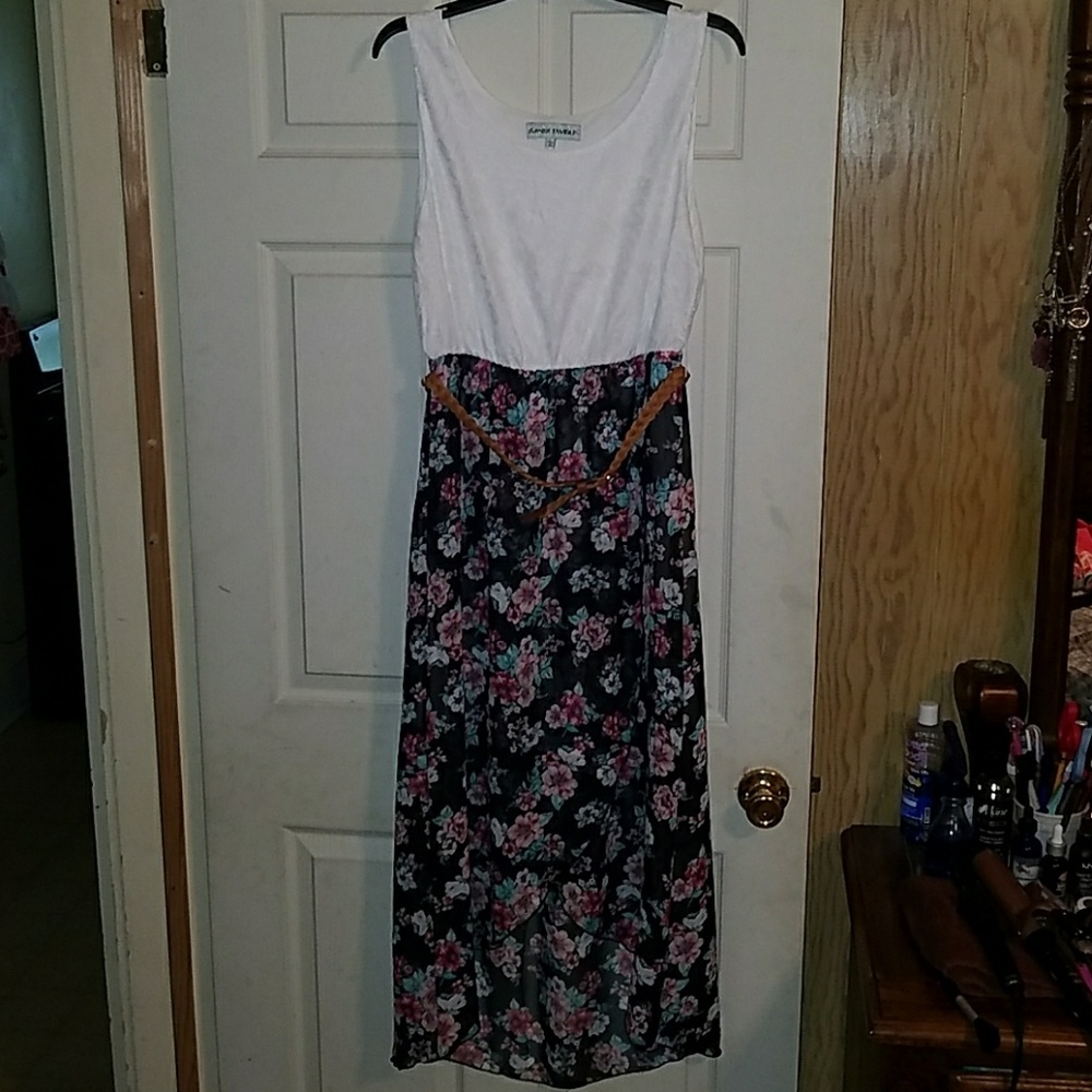 Floral print, high/low , faux wrap dress.