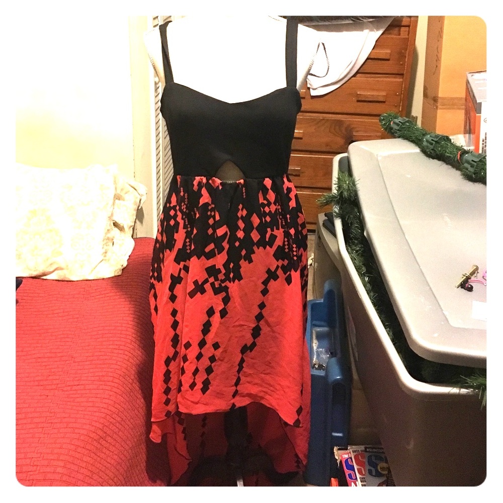 Coral and Black High-Low Dress with Cutouts