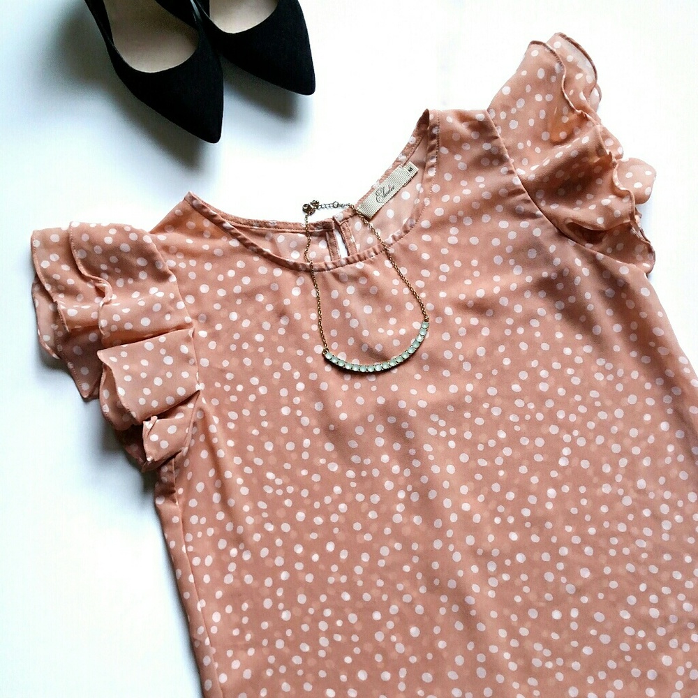 Sheer Pink & White Polka Dot Ruffle Sleeve Blouse