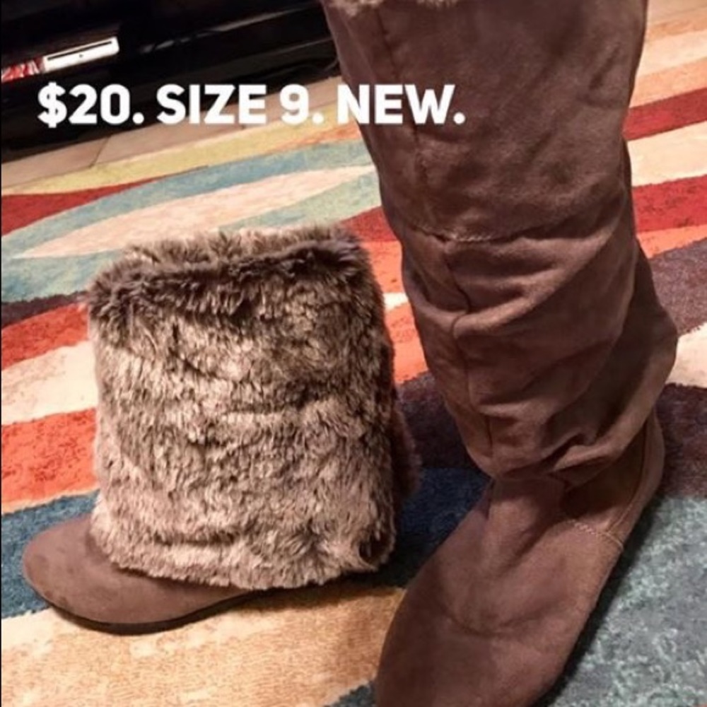 Grey Suede Fur knee high slouch fold over boots