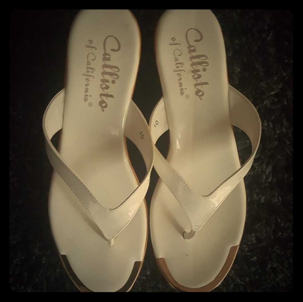 White patent leather sandals ,worn once!