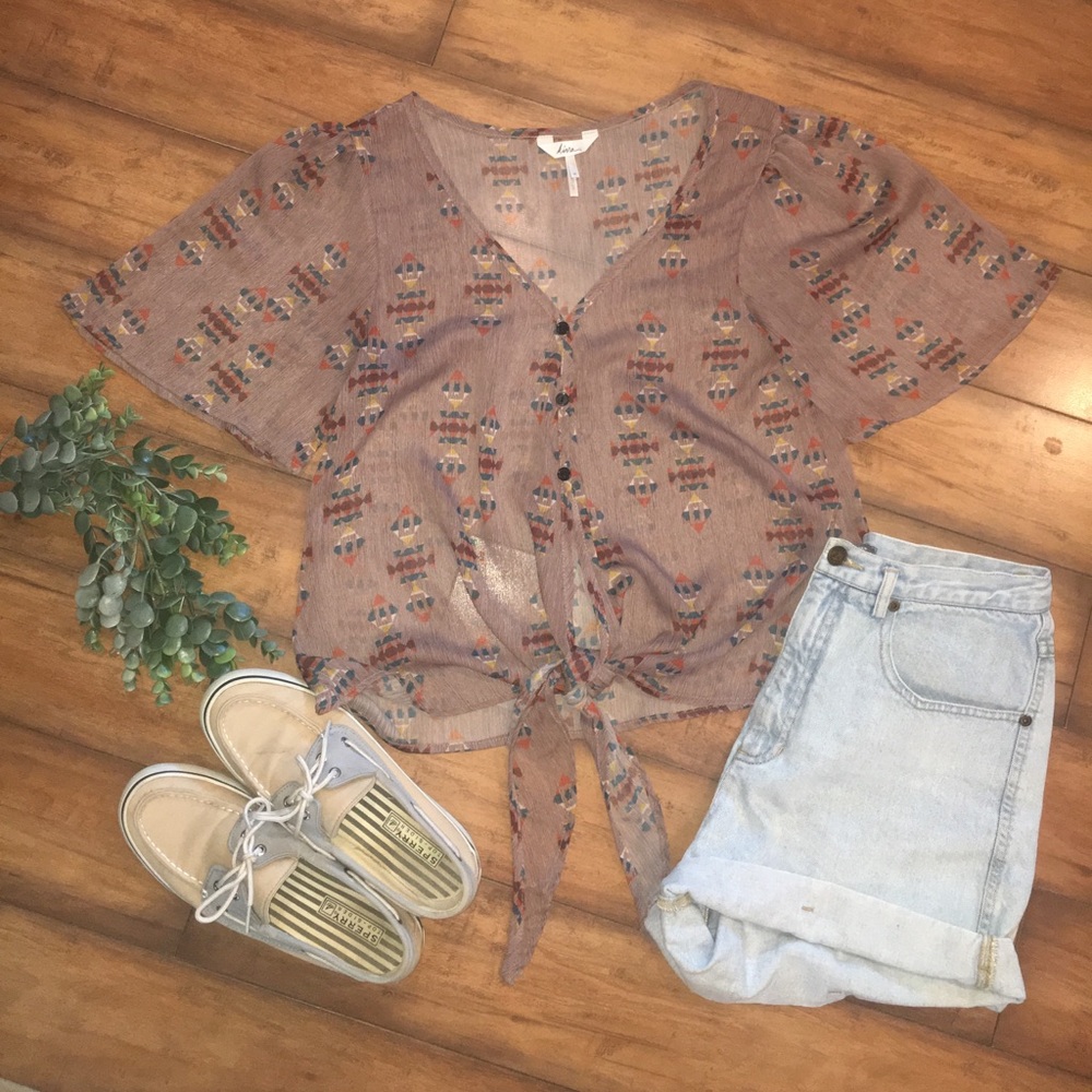 Tribal Print Sheer Button Up Blouse