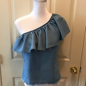 One Shoulder Denim Blouse with Distressed Hem