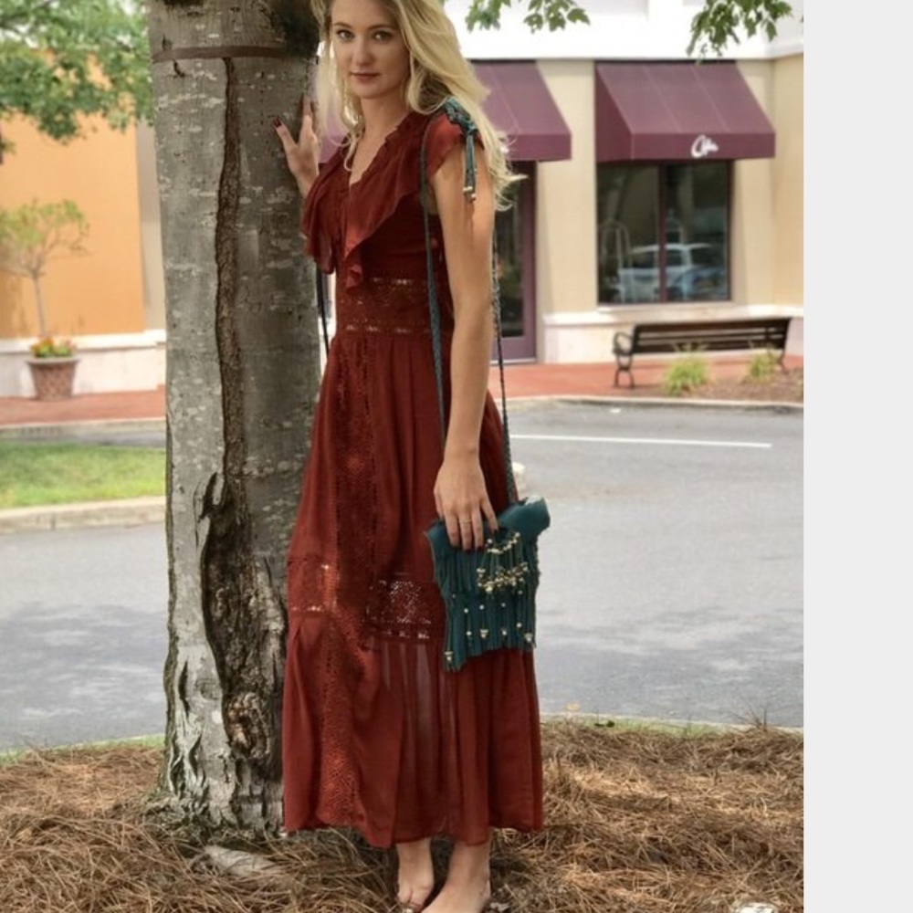 🍃💕NWT Chan Luu Ruffled Boho Crochet  Maxi Dress