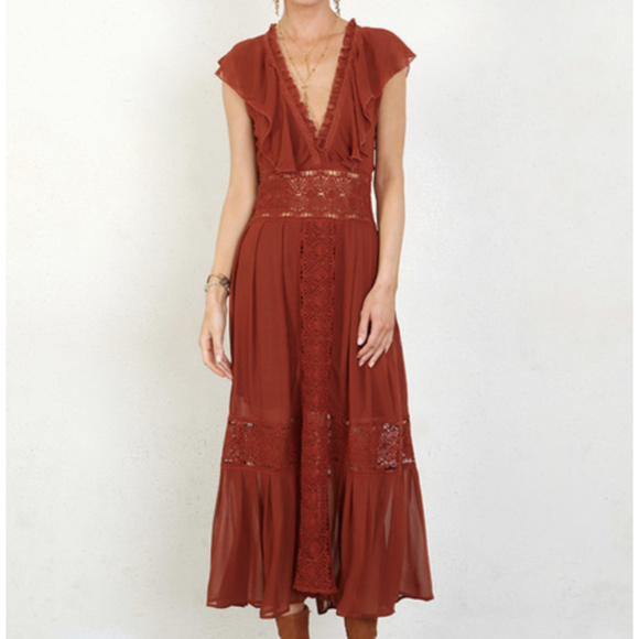 🍃💕NWT Chan Luu Ruffled Boho Crochet  Maxi Dress - Picture 3 of 8