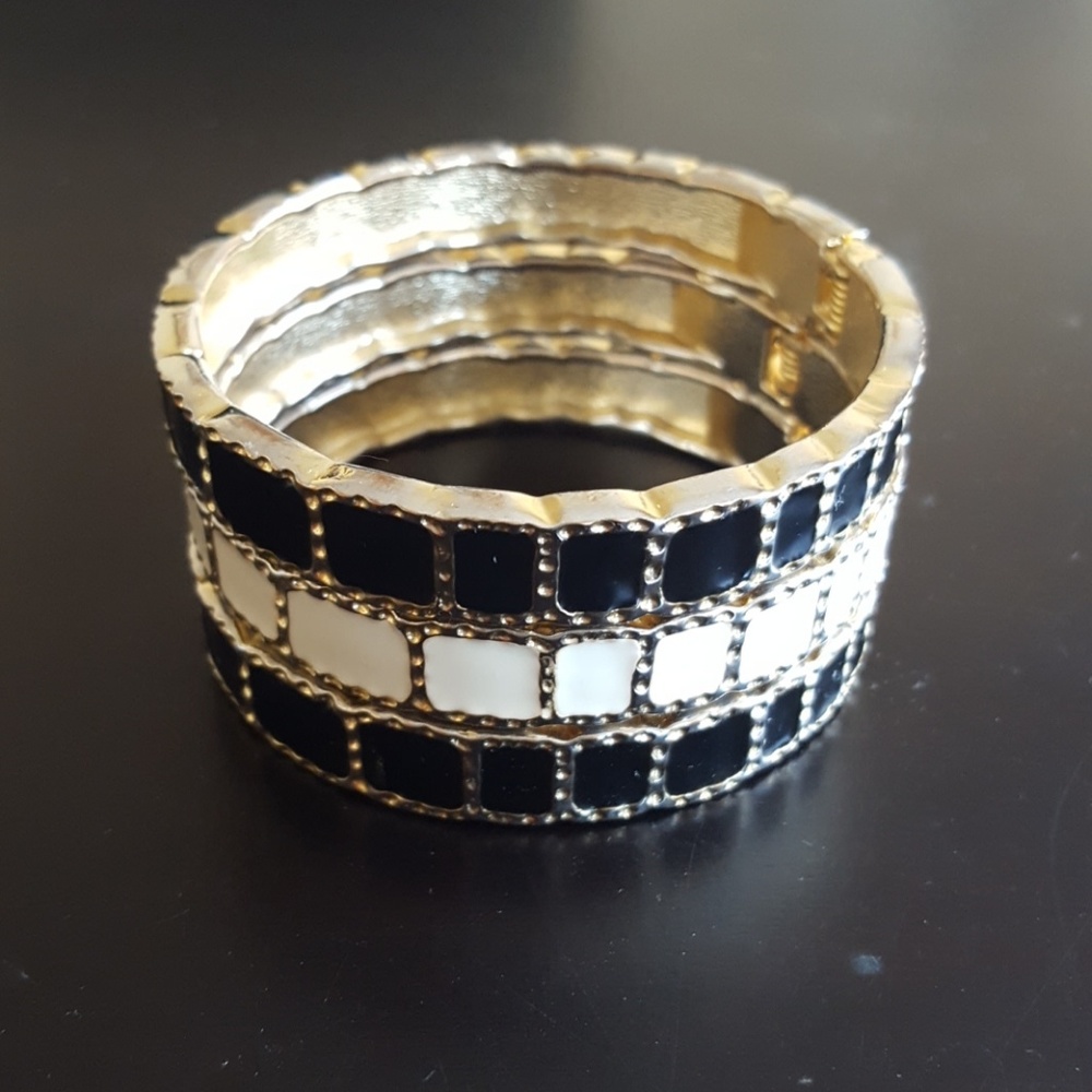 3 Stackable Black, Cream & Gold Enamel Bracelets