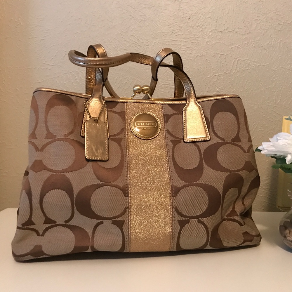 Authentic Coach classic print bag with gold accent
