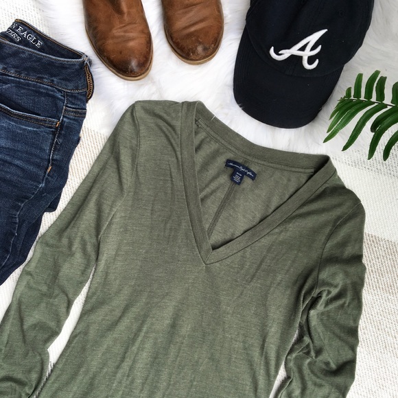 American Eagle Outfitters Tops - AEO Olive Green Long Sleeve V-Neck Tee