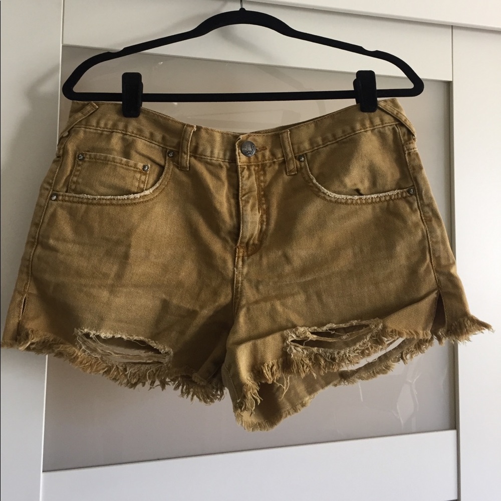 Free People Denim Khaki Distressed Cut-Off Shorts