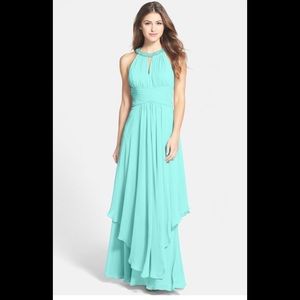 Eliza J Embellished Tiered  Chiffon Halter Gown
