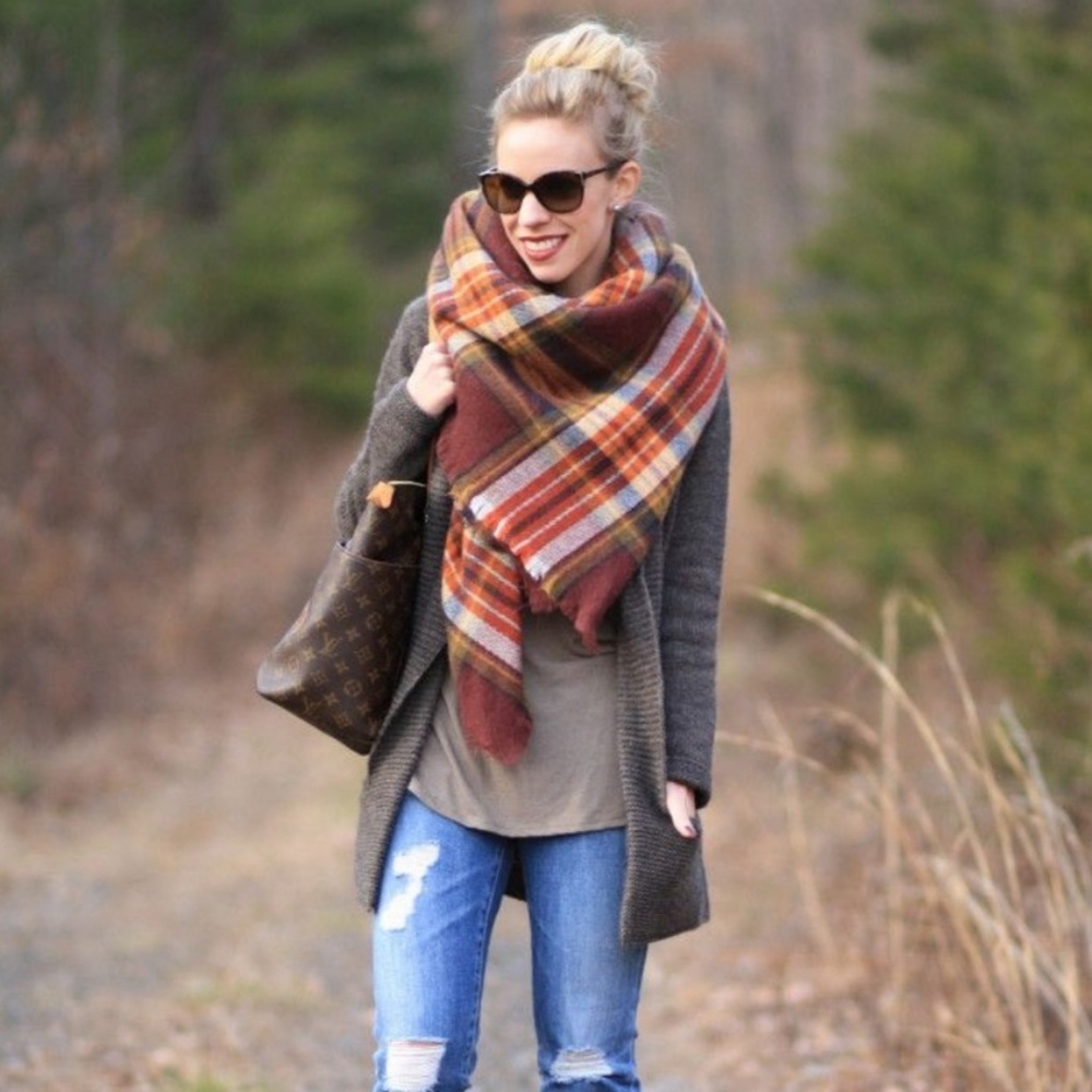 Plaid tartan blanket scarf brown rust burgundy - Picture 2 of 5