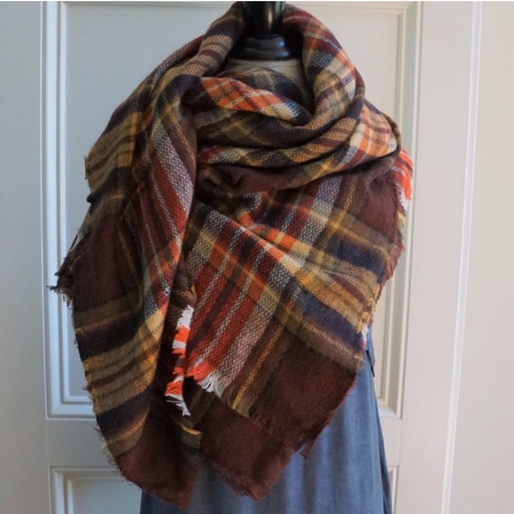 Plaid tartan blanket scarf brown rust burgundy - Picture 4 of 5