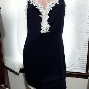 Navy Blue Night Gown With Beige Lace