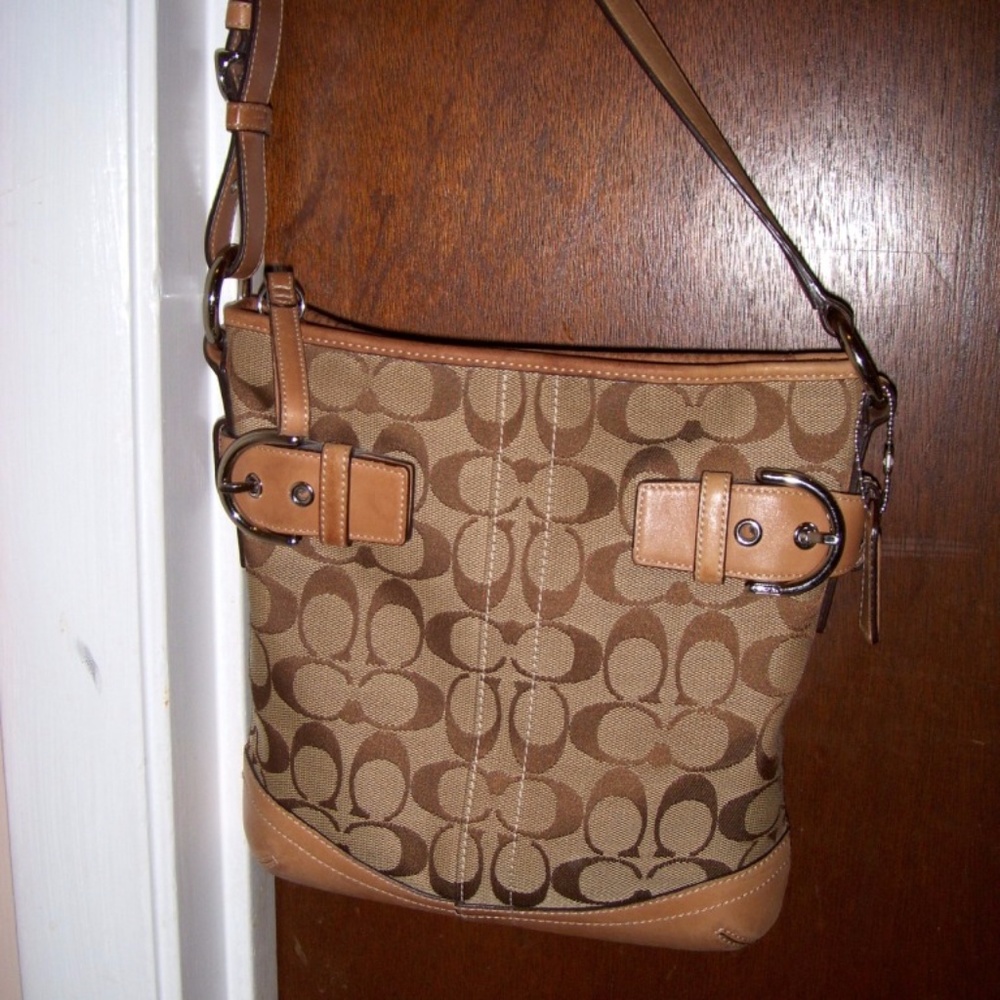 Coach Khaki Leather Jacquard Satchel Tote Bag