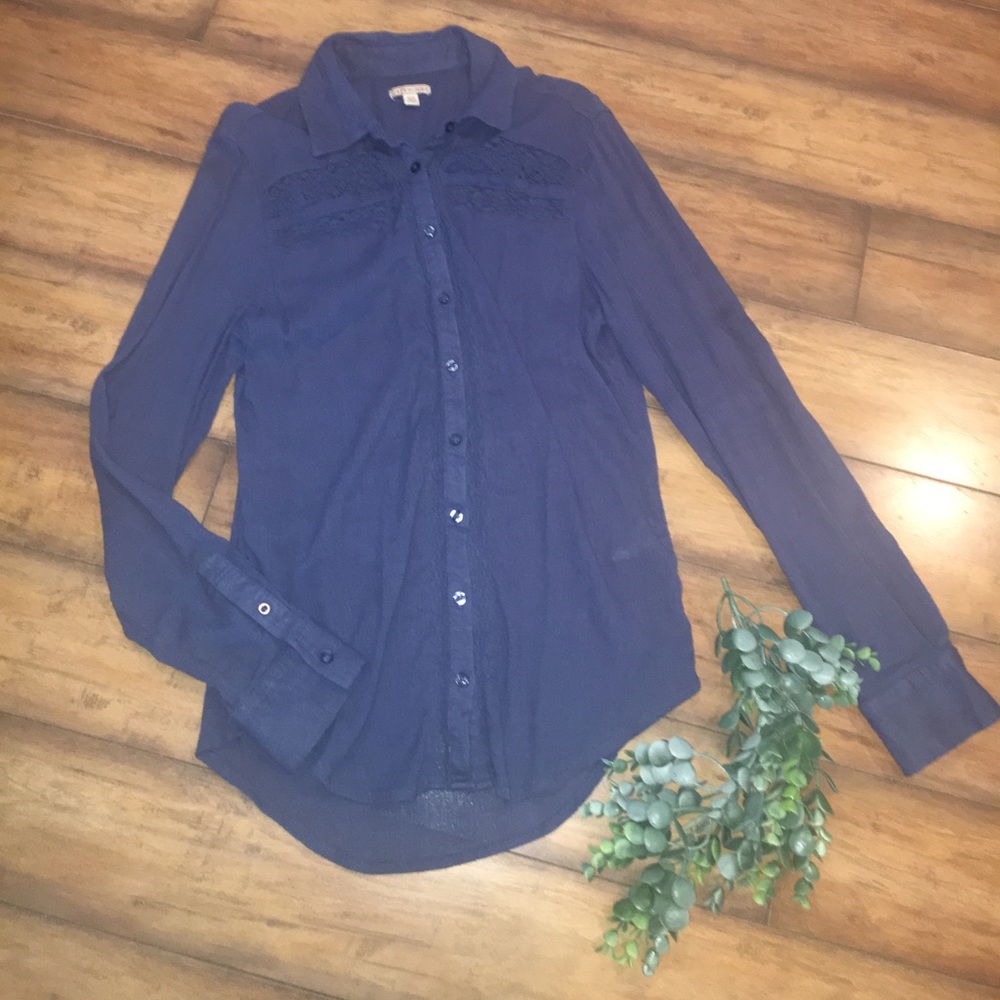 Dark Blue Button Up with Lace Detail!
