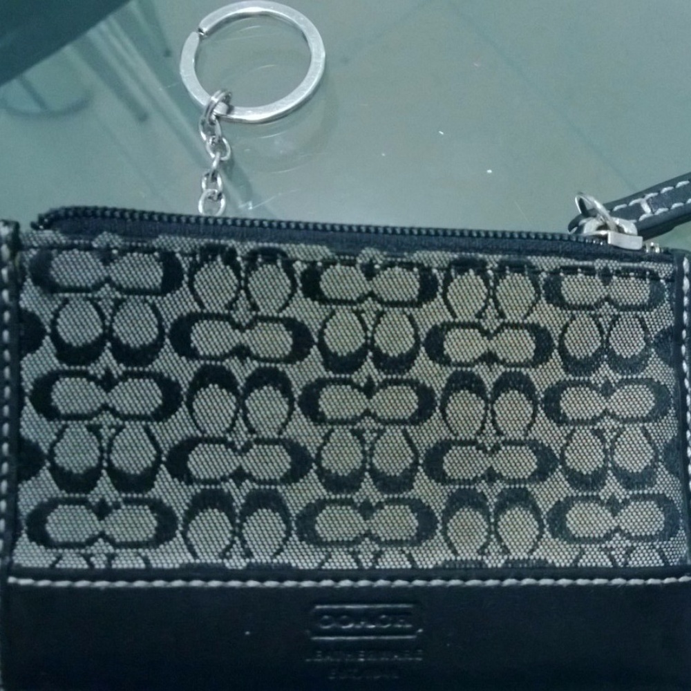 Coach Leather Jacquard Card Case Keychain Small Wallet