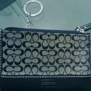 Coach Leather Jacquard Card Case Keychain Small Wallet