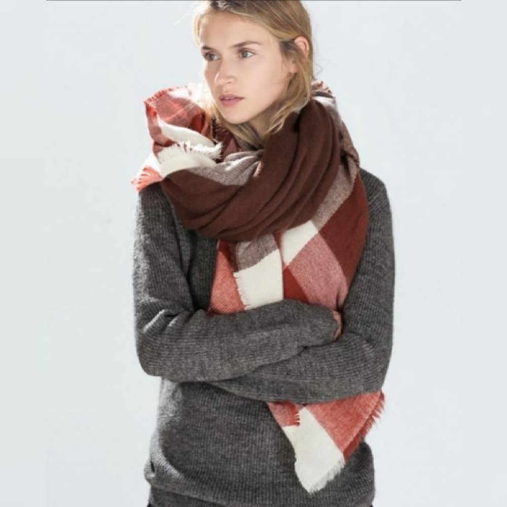 Blanket scarf buffalo plaid burgundy brown ivory - Picture 2 of 5